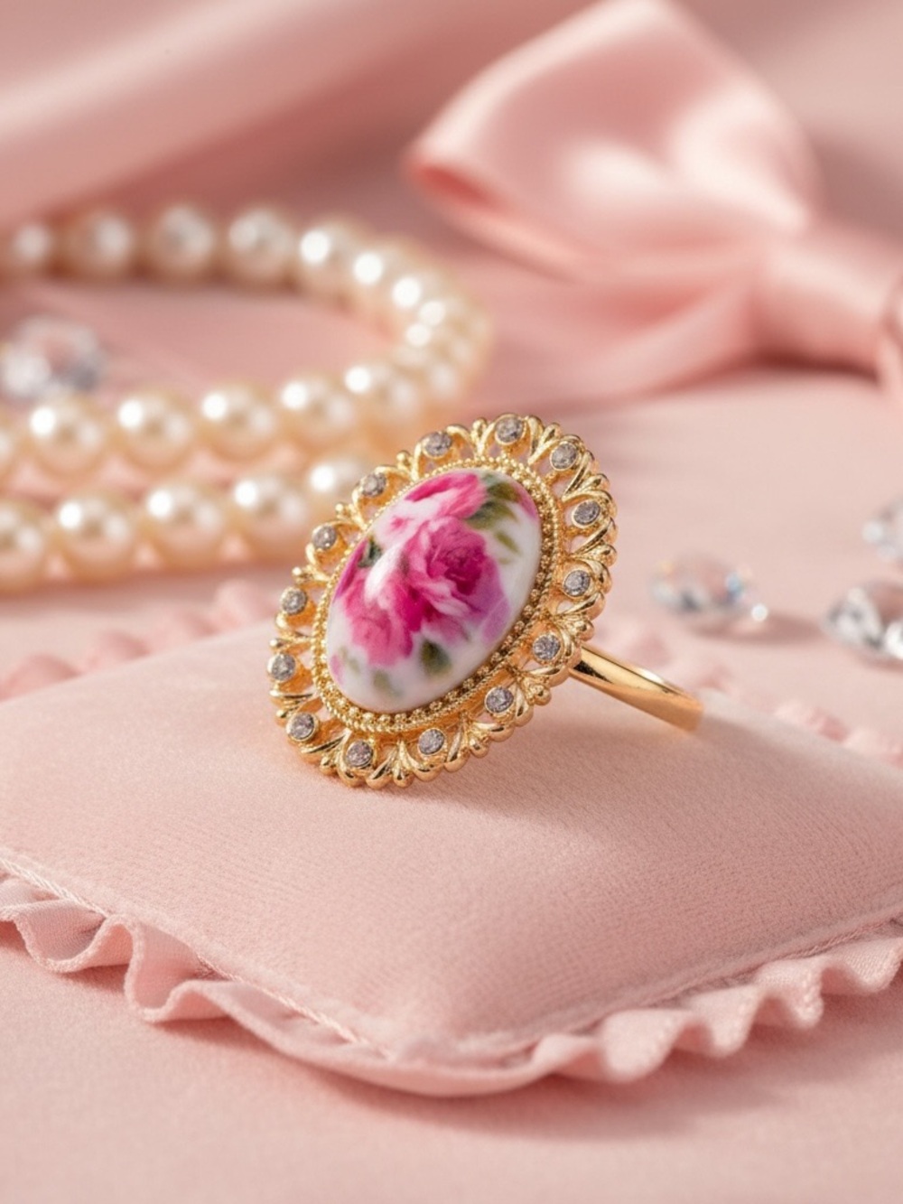 Coquette Cottagecore Vintage Floral Rose Ring Adjustable Bling Glam Dollette